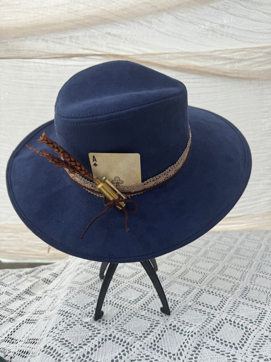 Navy suede hat with custom band